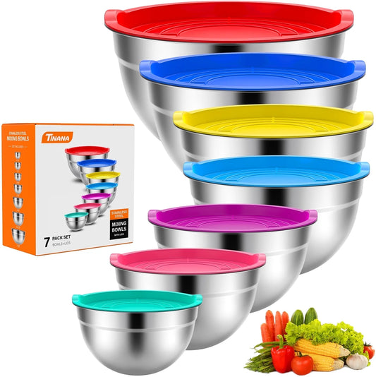 Mixing Bowls with Lids: 7PCS Stainless Steel Mixing Bowls Set, Metal Nesting Mixing Bowls for Kitchen, Size 7, 4.5, 3, 2, 1.5, 1, 0.7 QT, Great for Prep, Baking, Serving, Multi-Color