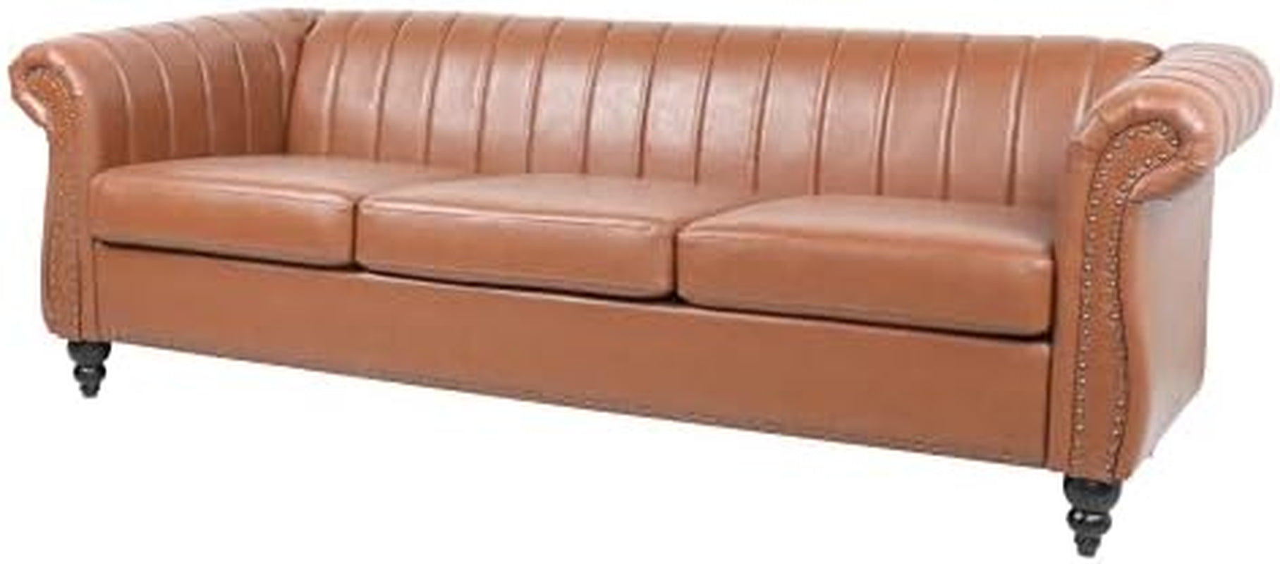 Chesterfield Sofa, 3 Seater Sofa PU Leather with Rolled Arm Studded Decoration Rotating Solid Wood Legs Couches for Living (Bronze)