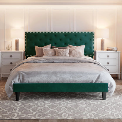 Queen Bed Frame with Adjustable Velvet-Studded Headboard, Green