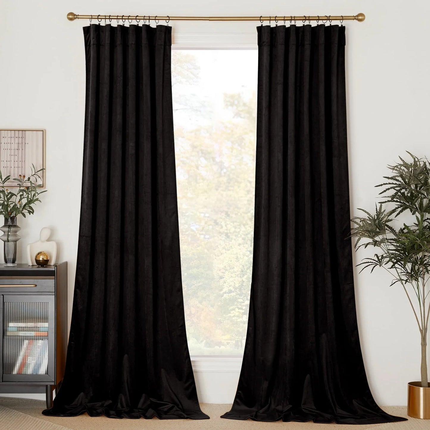 Black Velvet Curtains, 2 Panels Room Darkening Noise Reduced Thermal Insulated Rod Pocket Treatment Window 52X102 Inch