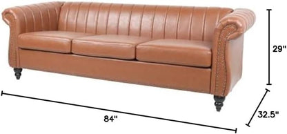 Chesterfield Sofa, 3 Seater Sofa PU Leather with Rolled Arm Studded Decoration Rotating Solid Wood Legs Couches for Living (Bronze)