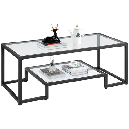 Modern Glass Coffee Table with Metal Frame, Black