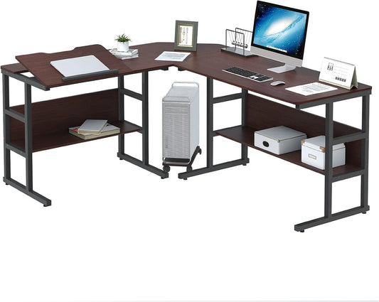 L Shaped Desk with Storage,67" Corner Computer Desk with Drafting Table,Home Office Desks Gaming Table Modern Double Workstation,Walnut,Ftofod-0008-New-Vc01