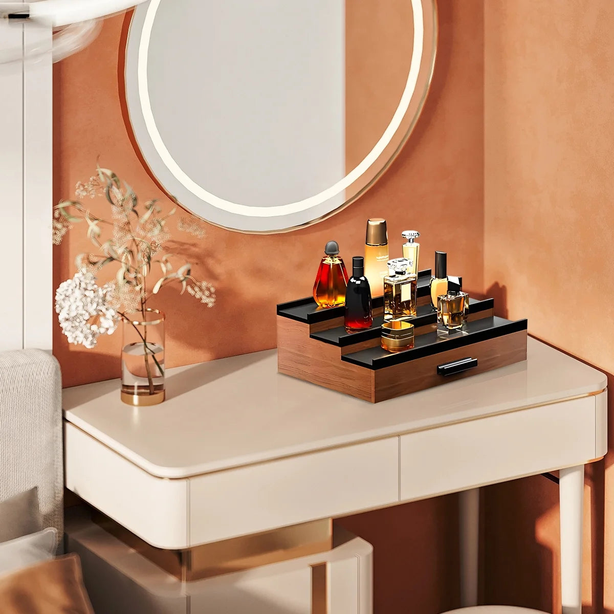 Wooden Cologne Organizer for Men 3 Tier Perfume Organizer Shelf with Drawer Cologne Display and Storage Risers Great Gift for Man Walnut Black