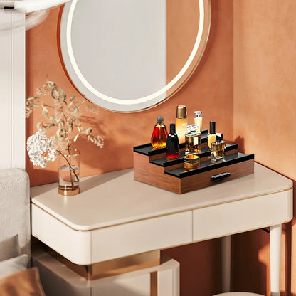 Wooden Cologne Organizer for Men 3 Tier Perfume Organizer Shelf with Drawer Cologne Display and Storage Risers Great Gift for Man Walnut Black