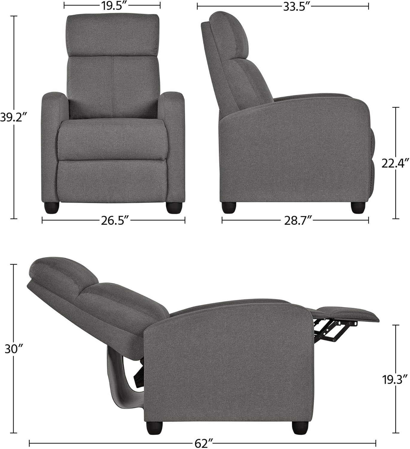 2-Seat Fabric Pushback Recliner Chair Living Room Chair with Thick Seat Cushion and Backrest Reclining Chair for Living Room Grey