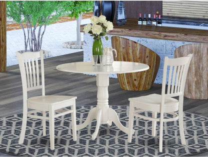 DLGR3-WHI-W 3 Piece Dining Table Set for Small Spaces Contains a round Dining Room Table with Dropleaf and 2 Wood Seat Chairs, 42X42 Inch, Linen White