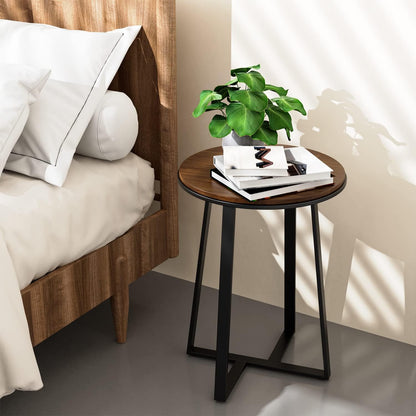 Round End Tables, Small Side Table Walnut Color MDF Top, Metal Frame Black, Tall End Table for Bed Room, Coffee Tea End Table for Living Room(Walnut+Black)