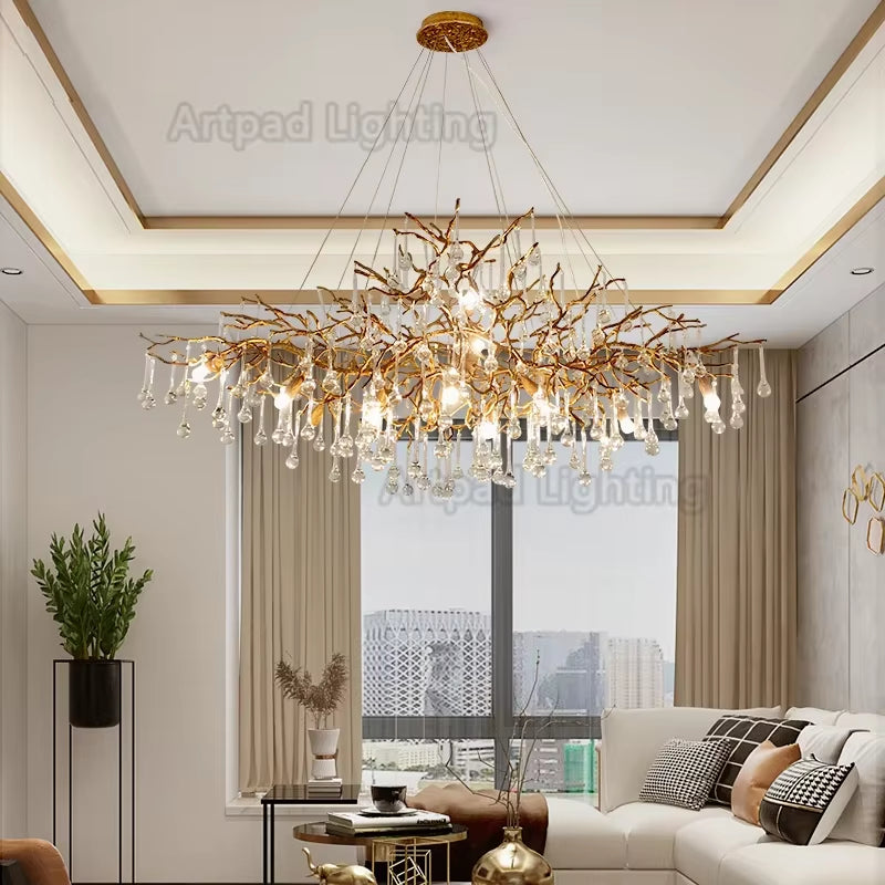Retro Crystal LED Chandeliers Gold Luxury Lighting Illuminator for Living Room Hanging Light Fixture Kitchen Light