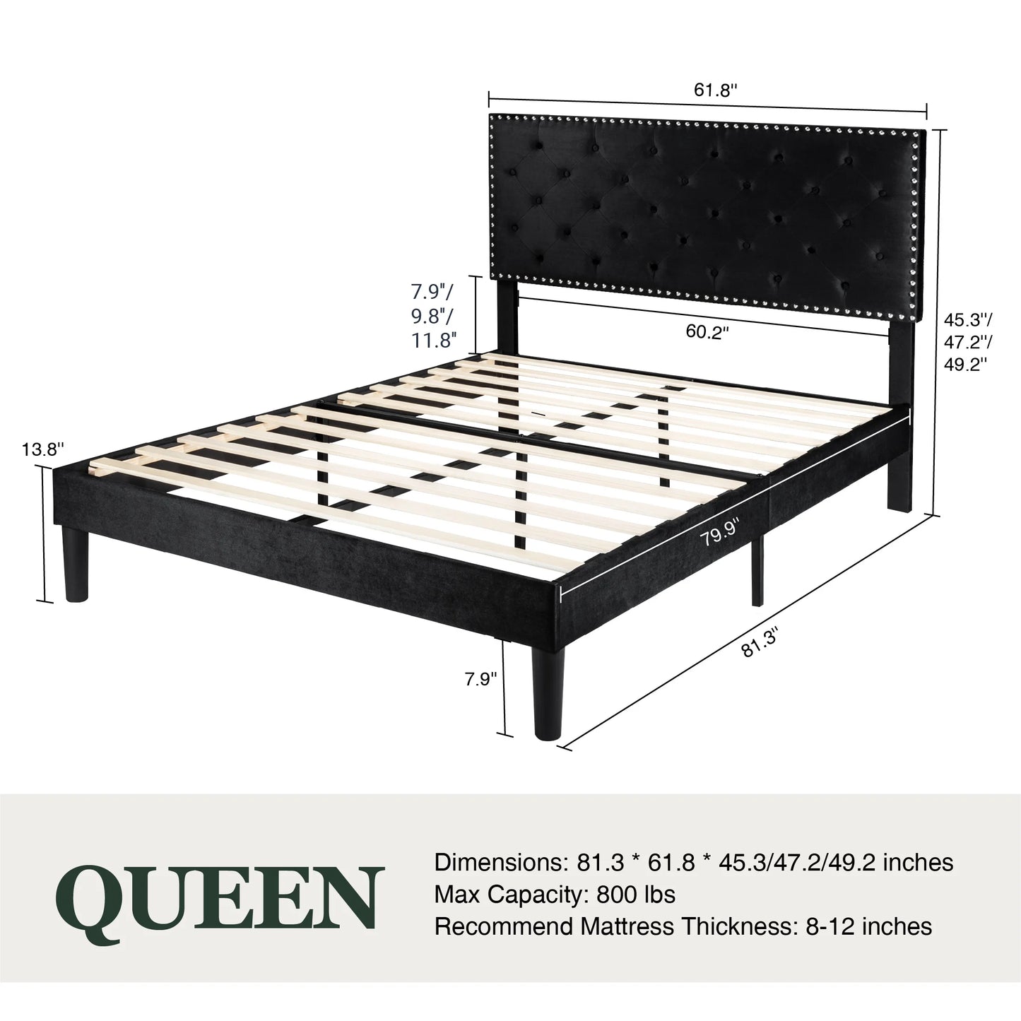 Queen Bed Frame with Adjustable Velvet-Studded Headboard, Black