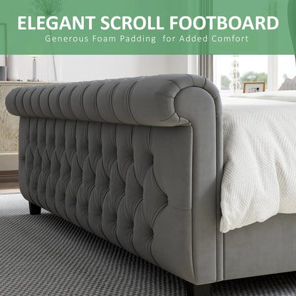 Queen Size Platform Bed Frame, Velvet Upholstered Sleigh Bed with Scroll Wingback Headboard & Footboard/Button Tufted/No Box Spring Required/Grey