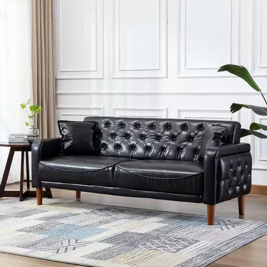78 In. Wide Square Arm Faux Leather Mid-Century Modern Straight Tufted Sofa with Pillows in Black