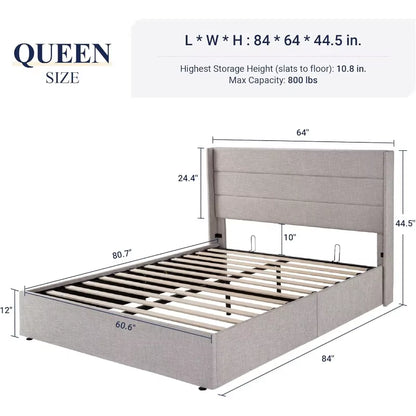 Tools.Queen Size Lift up Storage Bed, Modern Wingback Headboard, No Box Spring Needed, Hydraulic Storage, Light Beige