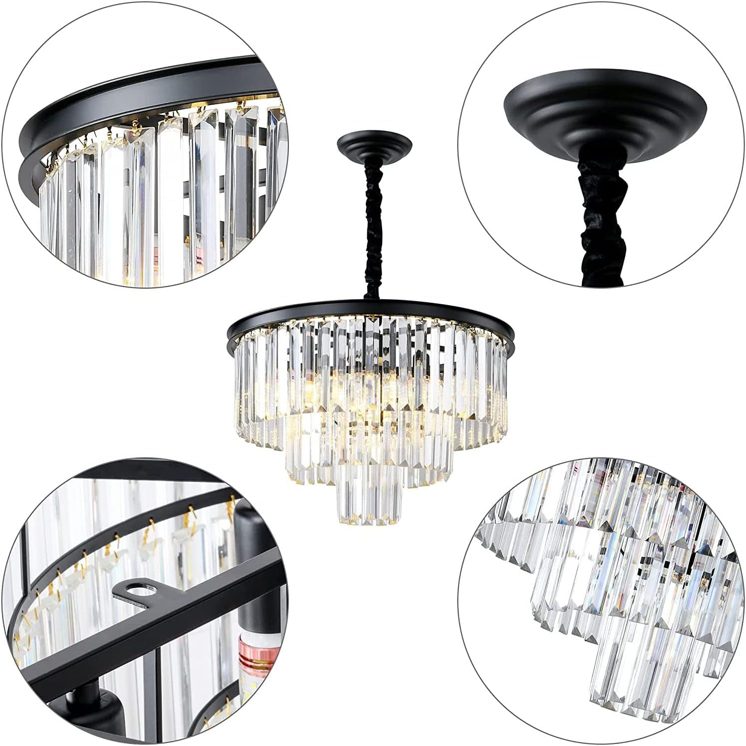 Black Modern Crystal Chandelier Lighting K9 Crystal round Chandelier Hanging Ceiling Light Fixture 3-Tier Contemporary Crystal Pendant Light for Dining Room Living Room Bedroom 21.68Inch