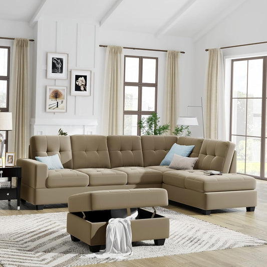 Upholstered Sectional Sofa Furniture Set with Reversible Chaise Lounge, L-Shaped Couch with Storage Ottoman for Living Room, Brown, 72" D X 104" W X 35" H