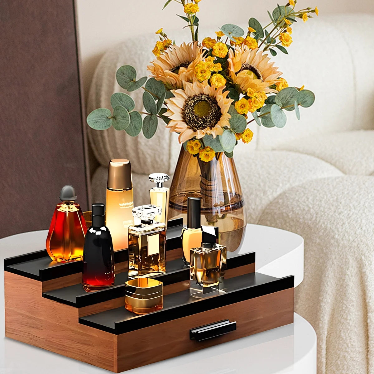 Wooden Cologne Organizer for Men 3 Tier Perfume Organizer Shelf with Drawer Cologne Display and Storage Risers Great Gift for Man Walnut Black