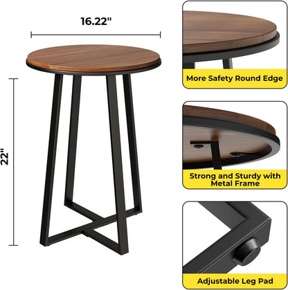 Round End Tables, Small Side Table Walnut Color MDF Top, Metal Frame Black, Tall End Table for Bed Room, Coffee Tea End Table for Living Room(Walnut+Black)