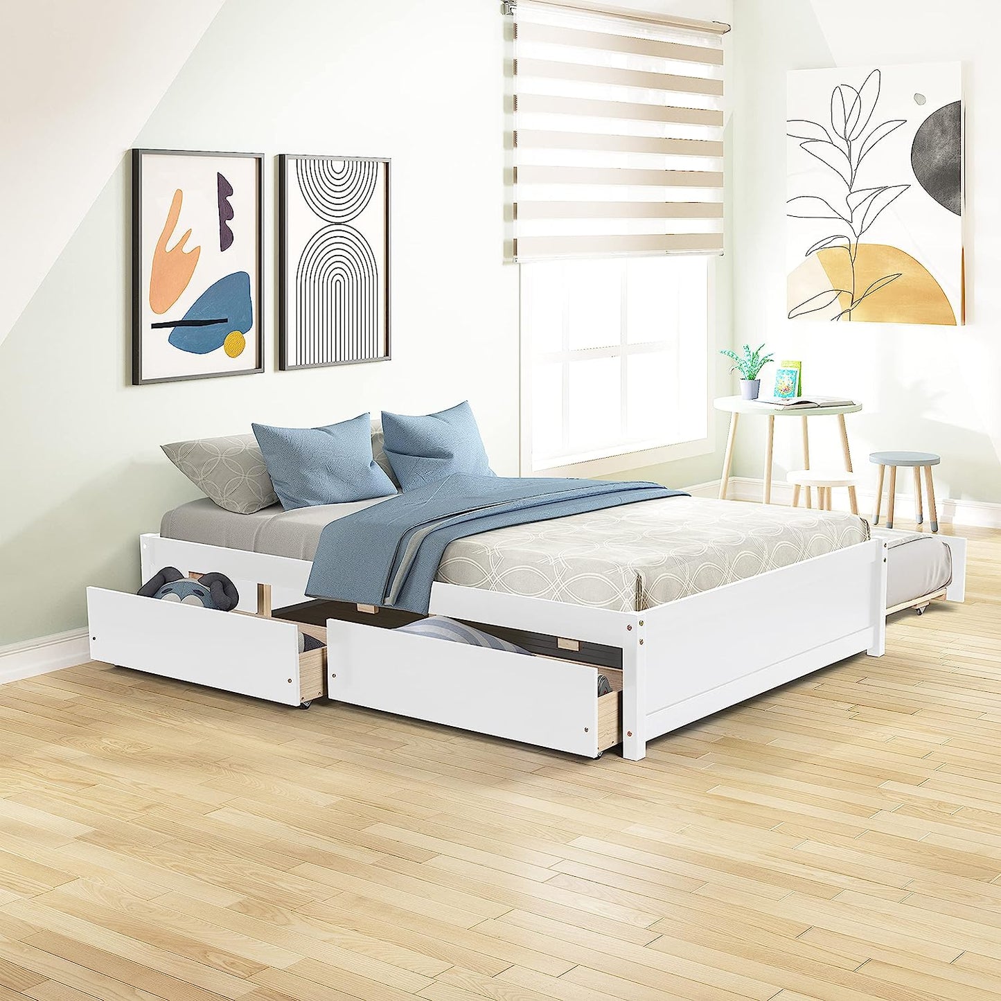 Full Size Platform Bed, Wood Full Bed Frame with Trundle and Drawers, Slats Support, No Box Spring Needed, White