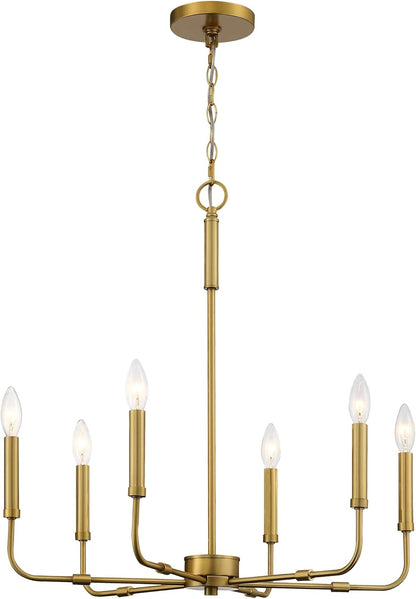 Farmhouse Chandelier Brushed Brass Metal 6-Light Candle Pendant Light Fixture with Adjustable Chain Hang Lighting for Dining Room, Bedroom, Kitchen, Living Room, Foyer, Entryway