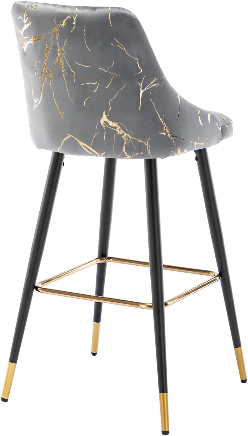 Velvet Hot Stamping Bar Stools Set of 2, 30” Upholstered Barstool with Golden Footrest, Counter Height Bar Chairs for Kitchen Dining Room, Grey and Gold