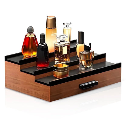 Wooden Cologne Organizer for Men 3 Tier Perfume Organizer Shelf with Drawer Cologne Display and Storage Risers Great Gift for Man Walnut Black