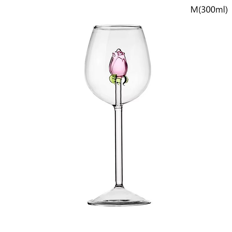 Creative 3D Pink Glass Rose Build-In Red White Wine Glasses Cup Drinkware Goblet Champagne Flute Household Lovely Valentine Gift