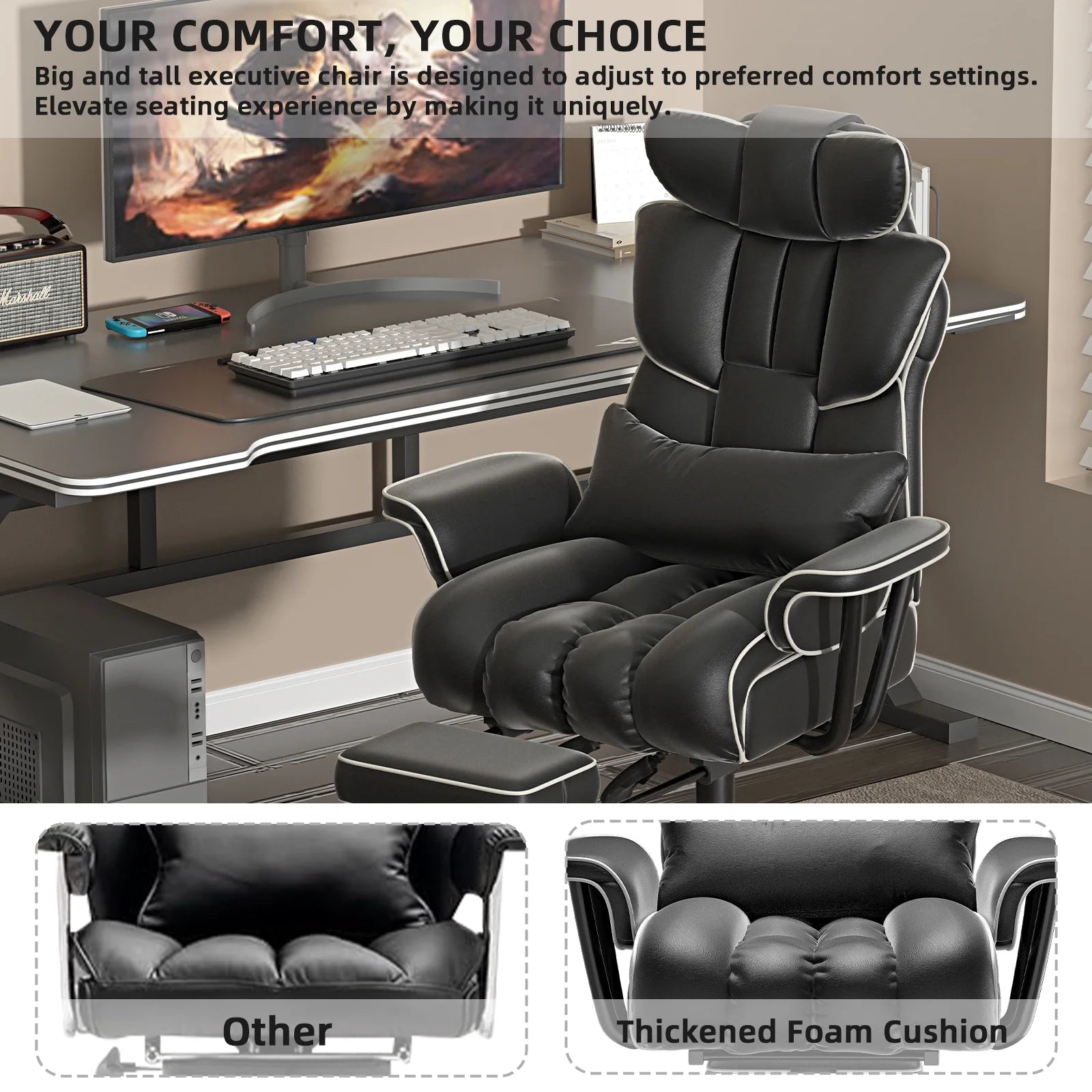 Big and Tall Executive Office Chair, Ergonomic PU Leather Office Chair, Reclining Office Chair with Footrest, Heavy Duty Desk Chair, Black