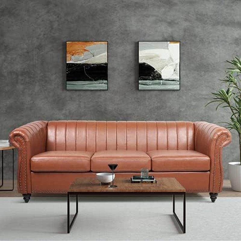 Chesterfield Sofa, 3 Seater Sofa PU Leather with Rolled Arm Studded Decoration Rotating Solid Wood Legs Couches for Living (Bronze)