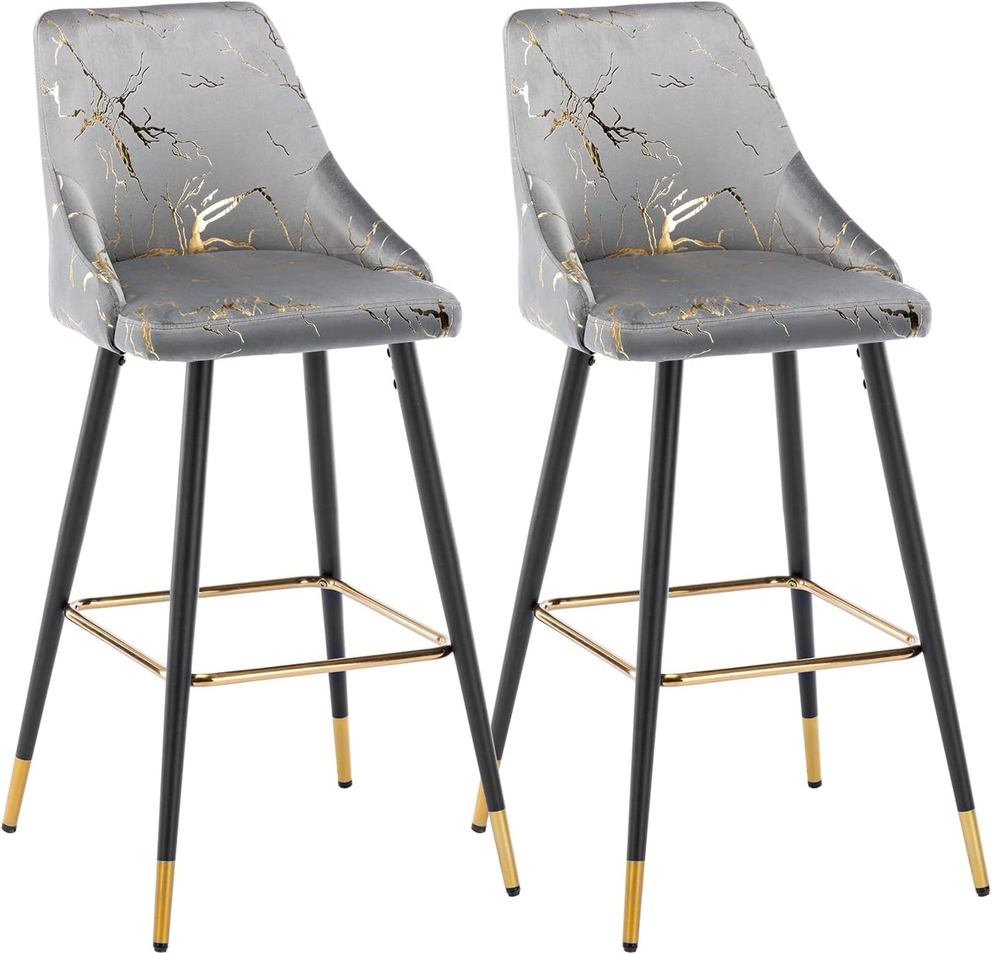 Velvet Hot Stamping Bar Stools Set of 2, 30” Upholstered Barstool with Golden Footrest, Counter Height Bar Chairs for Kitchen Dining Room, Grey and Gold