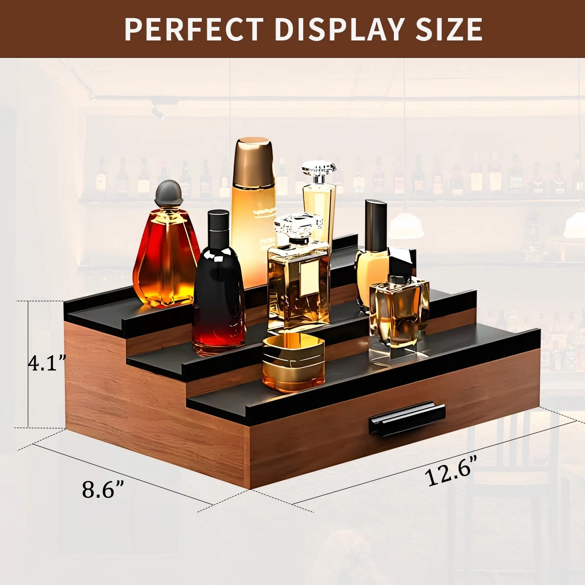 Wooden Cologne Organizer for Men 3 Tier Perfume Organizer Shelf with Drawer Cologne Display and Storage Risers Great Gift for Man Walnut Black