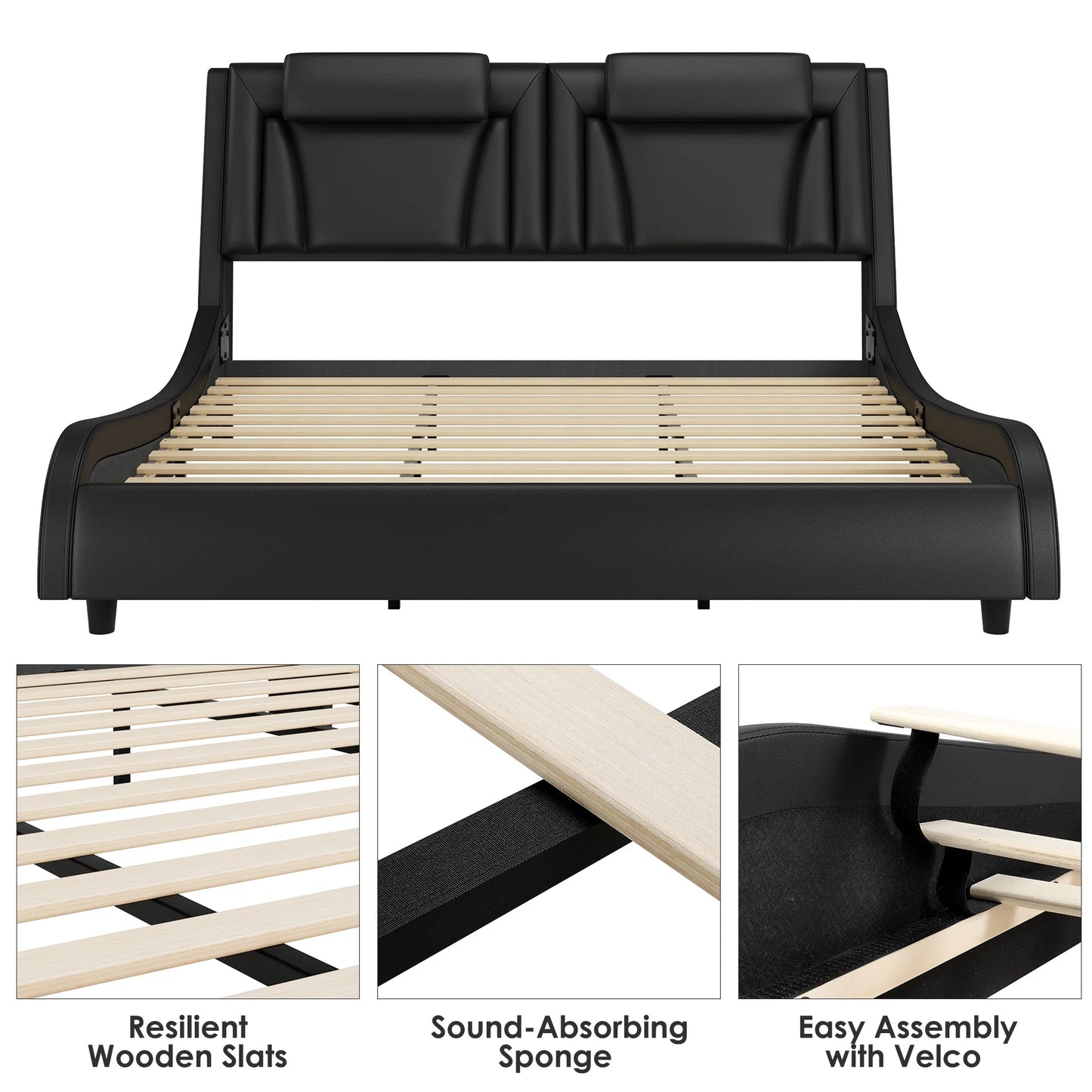 King Size LED Bed Frame, PU Leather Upholstered Curved Platform Bed Frame with Adjustable Headboard, Black