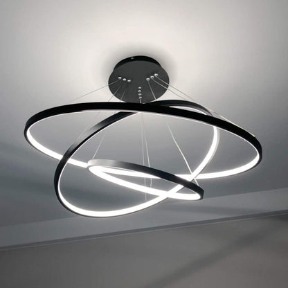 Dimmable Modern LED 3-Ring Chandelier - Sleek Ceiling Light for Dining Room, Living Room, and Bedroom - Contemporary Black & Cool White Design