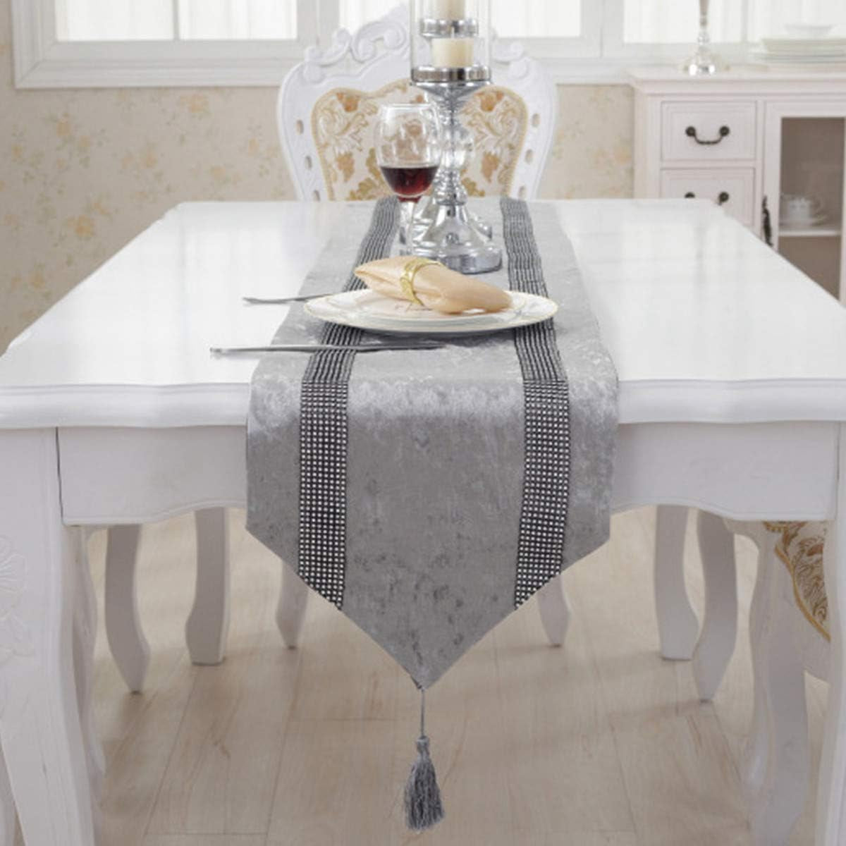 13X72-Inches European Style Rhinestone Table Runner with Tassel Decoration for Party and Wedding, Grey