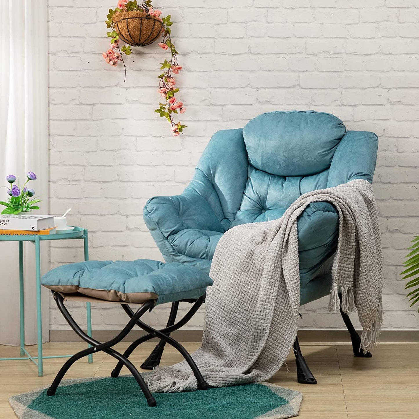 Fabric Lazy Chair with Foldable Ottoman, Accent Comfy Lounge Arm Chair and Folding Footrest Stool Set, Leisure Sofa Reading Chair and Footstool for Living Room, Bedroom, Dorm, Blue