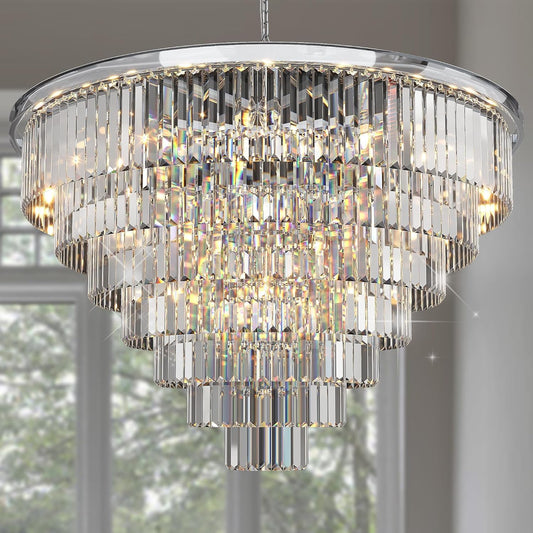 Luxury Crystal Chrome Chandelier Lighting Modern Contemporary Chandeliers Pendant Ceiling Lamp Light Fixture 7-Tier for Dining Room Living Room Hotel Showroom (24 Lights) W39.4