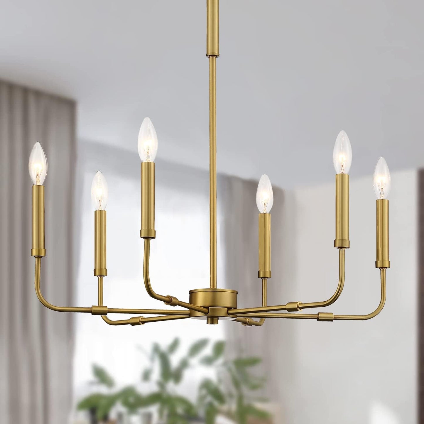 Farmhouse Chandelier Brushed Brass Metal 6-Light Candle Pendant Light Fixture with Adjustable Chain Hang Lighting for Dining Room, Bedroom, Kitchen, Living Room, Foyer, Entryway