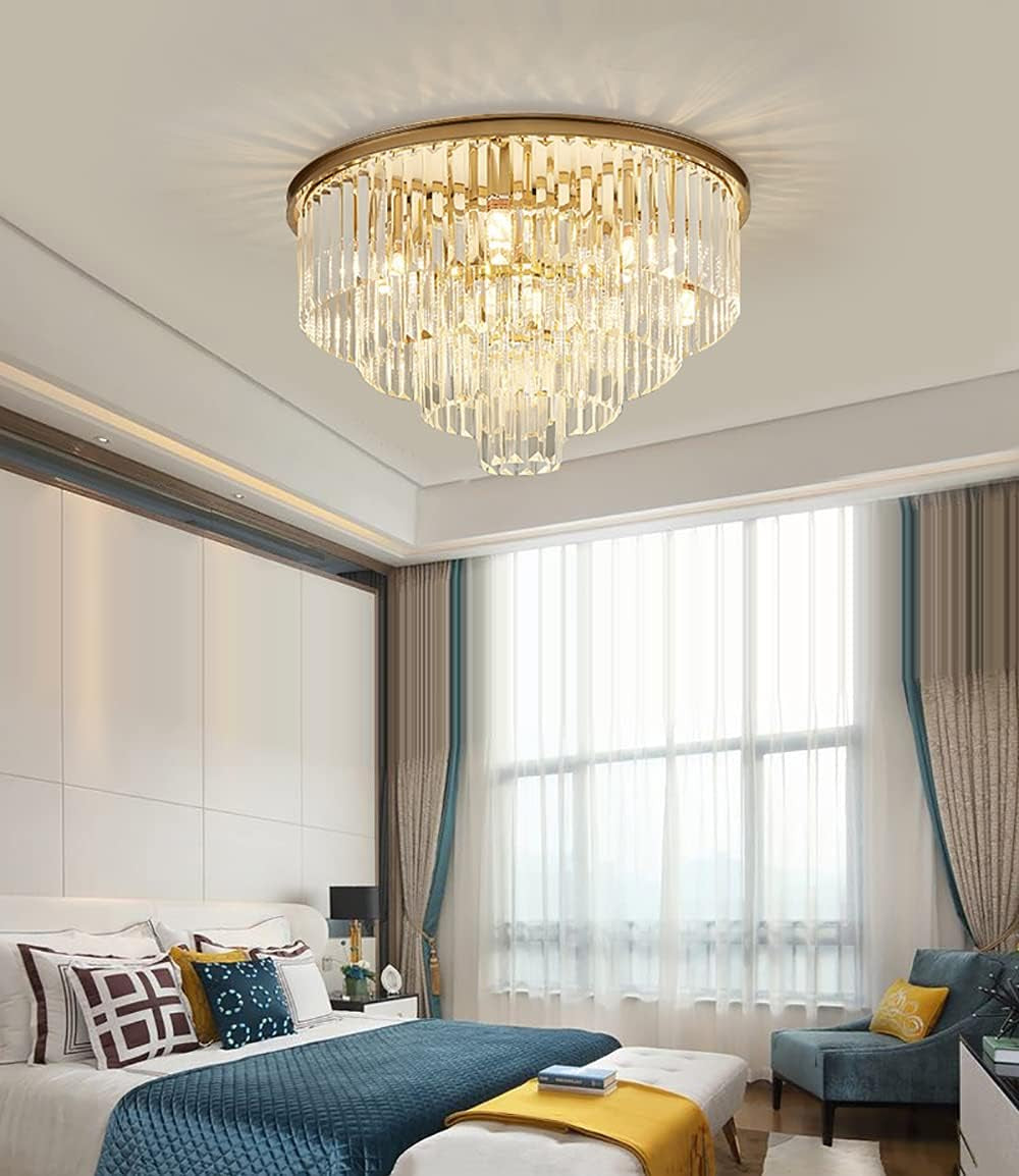 Gold Modern Crystal Chandelier Lighting K9 Crystal round Chandelier Hanging Ceiling Light Fixture 4-Tier Contemporary Crystal Pendant Light for Dining Room Living Room Bedroom 23.6Inch