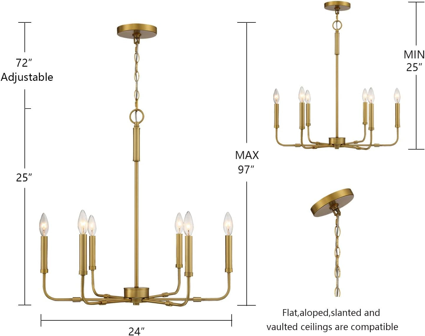 Farmhouse Chandelier Brushed Brass Metal 6-Light Candle Pendant Light Fixture with Adjustable Chain Hang Lighting for Dining Room, Bedroom, Kitchen, Living Room, Foyer, Entryway