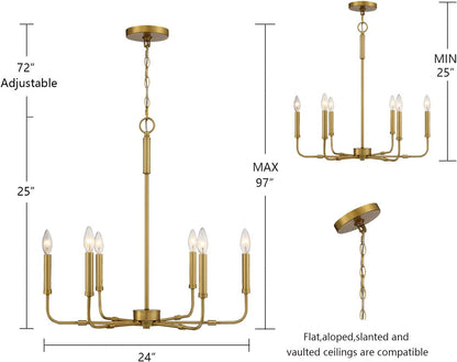 Farmhouse Chandelier Brushed Brass Metal 6-Light Candle Pendant Light Fixture with Adjustable Chain Hang Lighting for Dining Room, Bedroom, Kitchen, Living Room, Foyer, Entryway