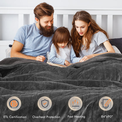 Luxurious Queen Size Electric Heated Blanket - Fast Heating, Dual Controllers, 10 Levels & Timers, Preheat Function, Machine Washable - Cozy Gray