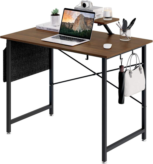 Computer Desk, 39 Inches Modern Sturdy Office Desks with Storage Pocket and Monitor Shelf Small Writing Table for Home Office, Retro Brown,Ftofod-9005