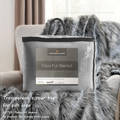 Luxury Faux Fur Throw Blanket, Grey and Black High Pile Mixed Throw Blanket, Super Warm, Fuzzy, Elegant, Fluffy Decoration Blanket Scarf for Sofa, Couch and Bed, 50''X 60''