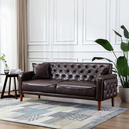 78 In. Wide Square Arm Faux Leather Mid-Century Modern Straight Tufted Sofa with Pillows in Brown