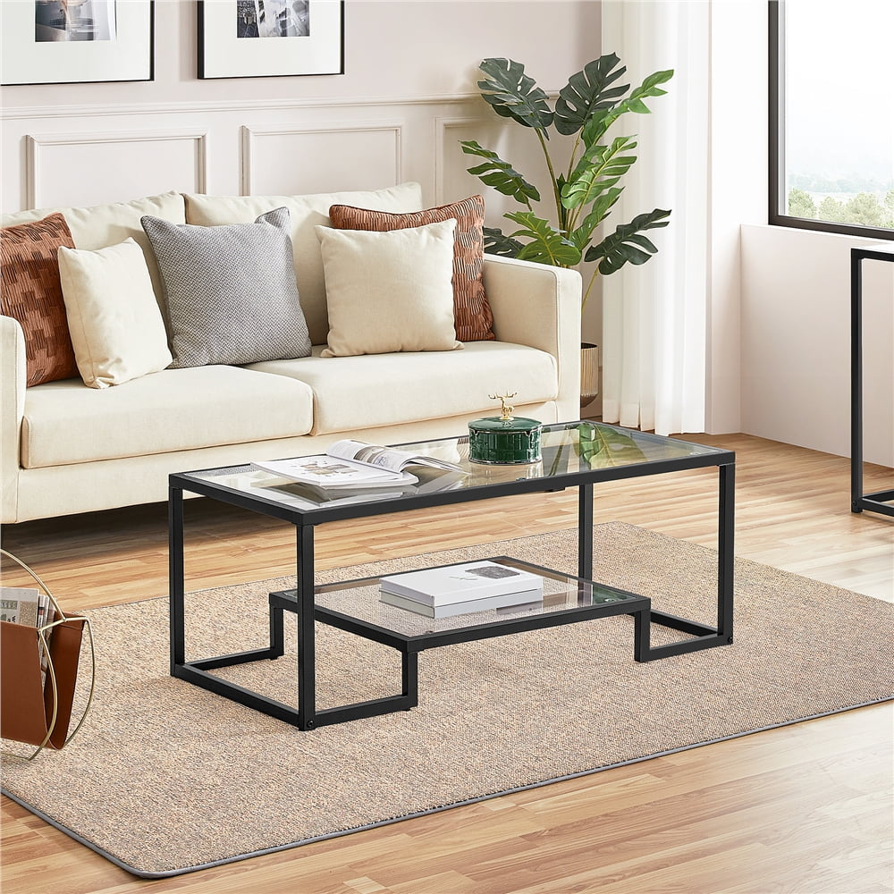 Modern Glass Coffee Table with Metal Frame, Black