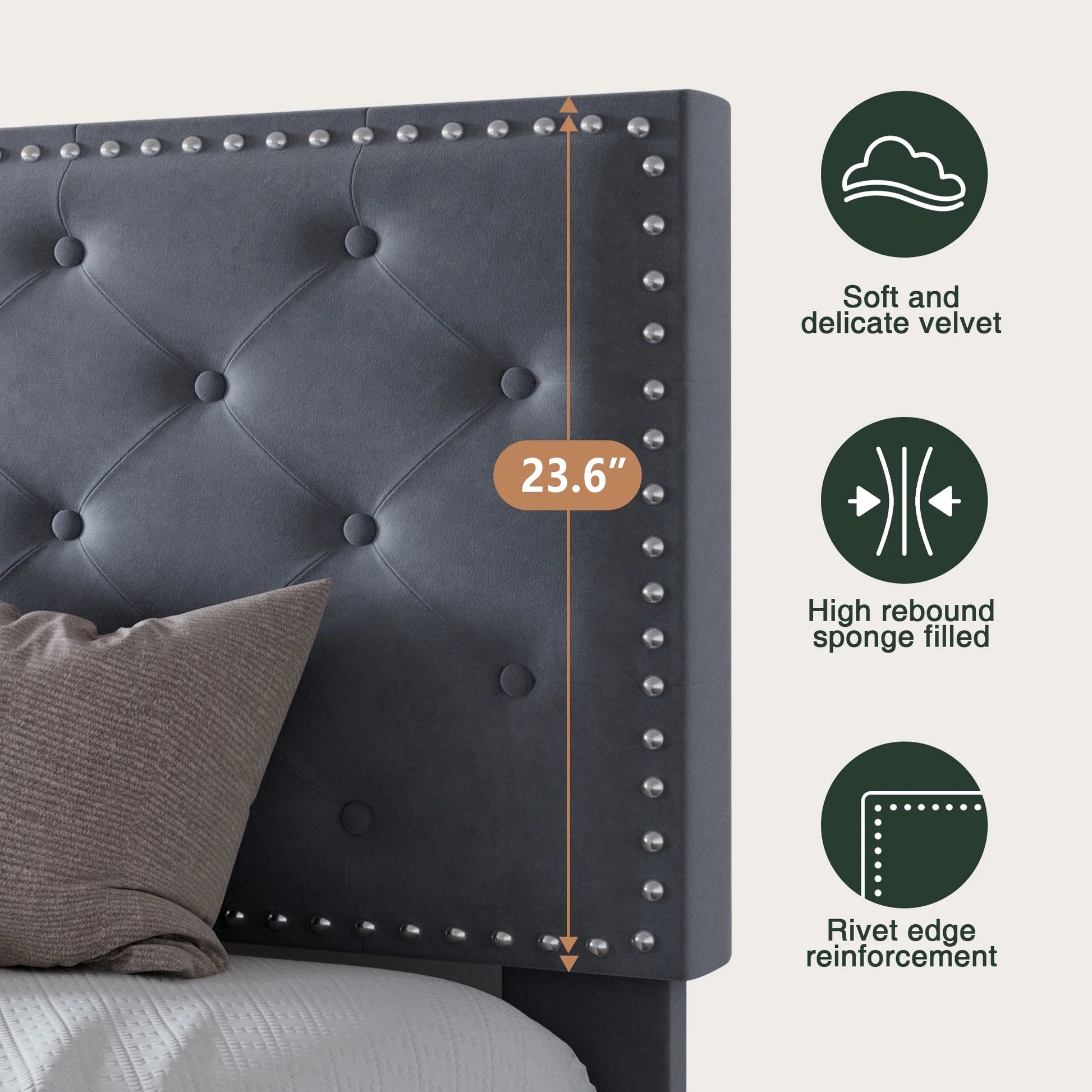 Full Bed Frame with Adjustable Velvet-Studded Headboard, Grey