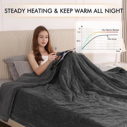Luxurious Queen Size Electric Heated Blanket - Fast Heating, Dual Controllers, 10 Levels & Timers, Preheat Function, Machine Washable - Cozy Gray