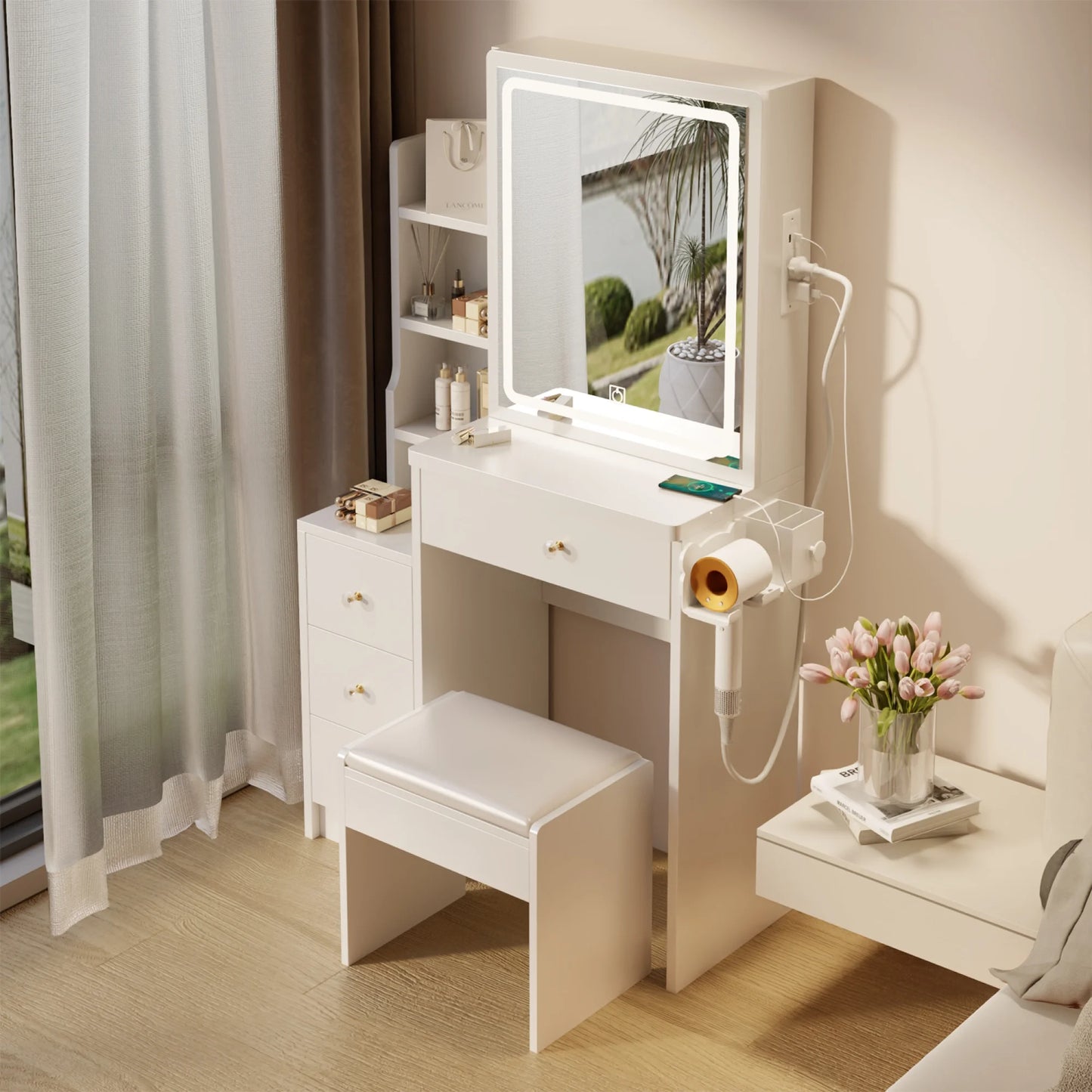 Extra Large Sliding LED Mirror with Cushioned Stool Vanity Tables & Table & Bench Set White