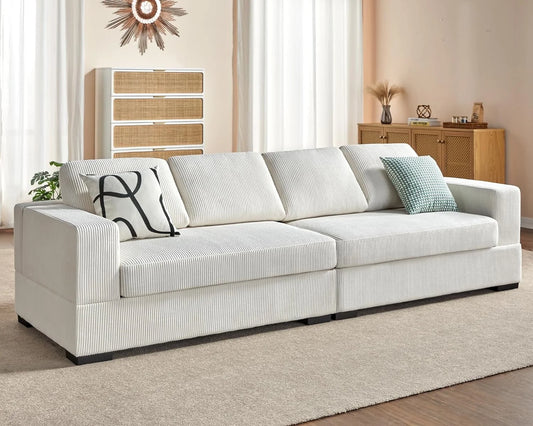 112 Inch Couch, Oversized Sofa in Beige Corduroy, Deep Seat Sofa Couch for Living Room