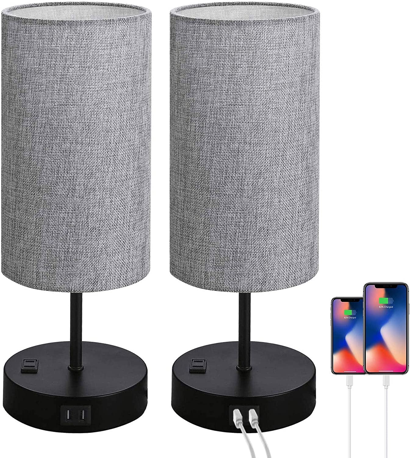 Set of 2 Touch Control Bedside Table Lamp, 3-Way Dimmable Nightstand Lamps with 2 USB Charging Ports&1 AC Outlet, ST64 E26 LED Bulbs Included, Grey Fabric Cylinder Shade Ideal for Bedroom Living Room