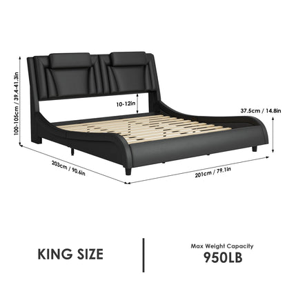 King Size LED Bed Frame, PU Leather Upholstered Curved Platform Bed Frame with Adjustable Headboard, Black